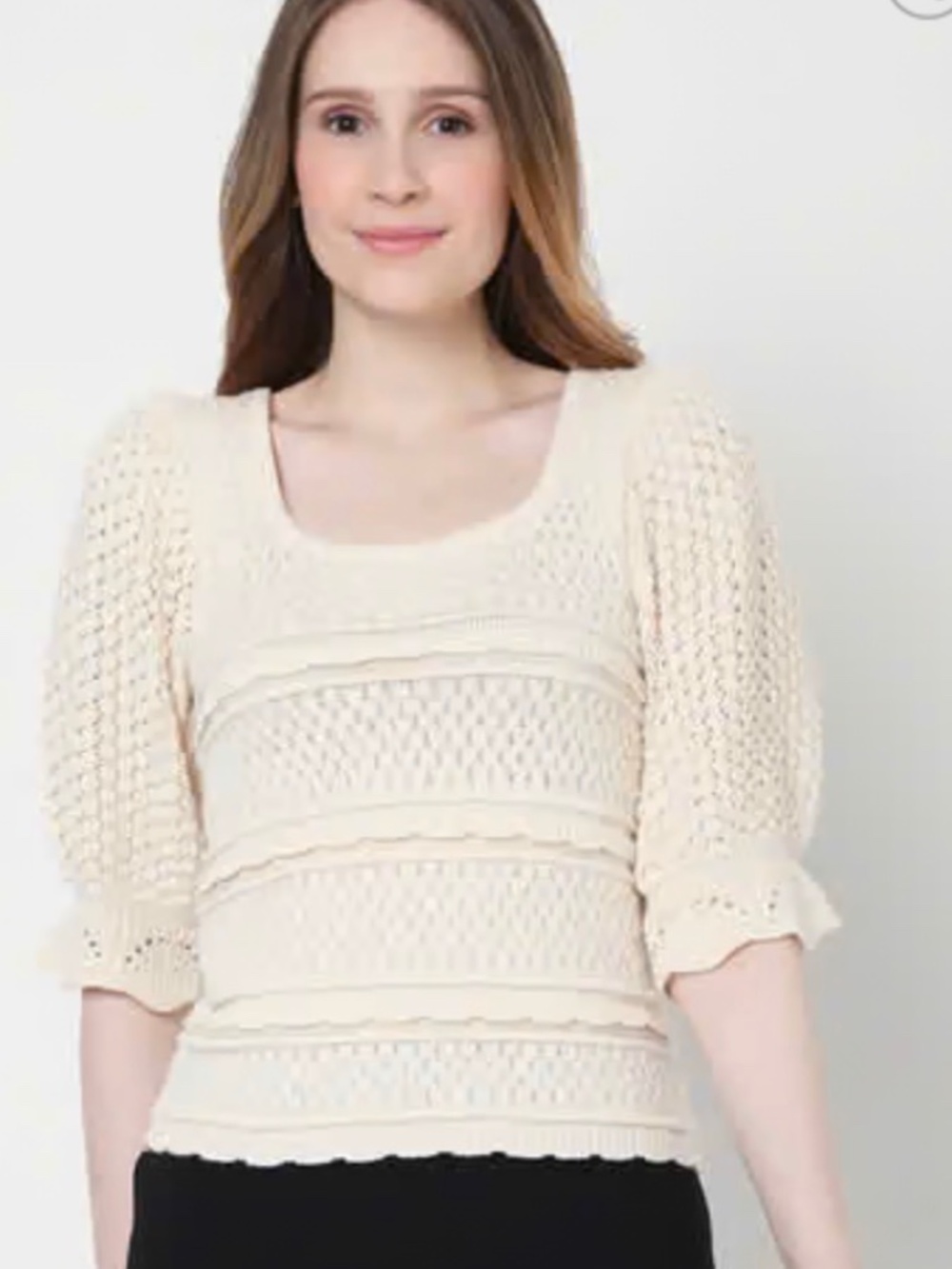 Vero Moda Novelty Stitch Puff Sleeve Sweater Knit Top Natural Beige NWOT M